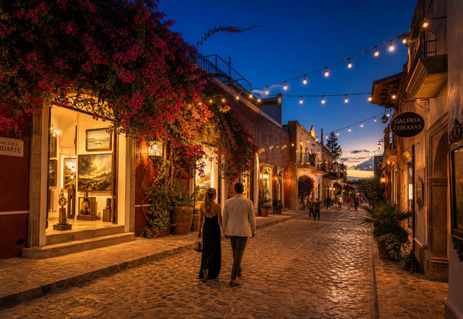 Cobblestone street in San José del Cabo's art district at dusk, lined with galleries and string lights